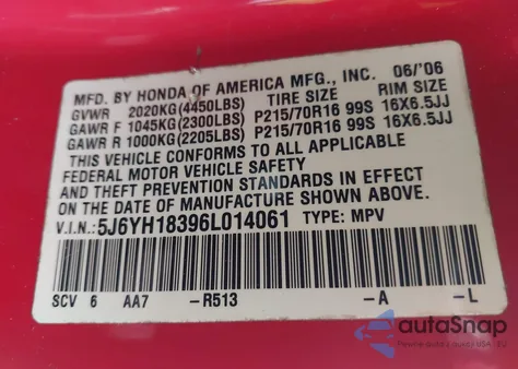 2006 Honda Element Lx z USA, uszkodzony, nr VIN 5J6YH18396L014061